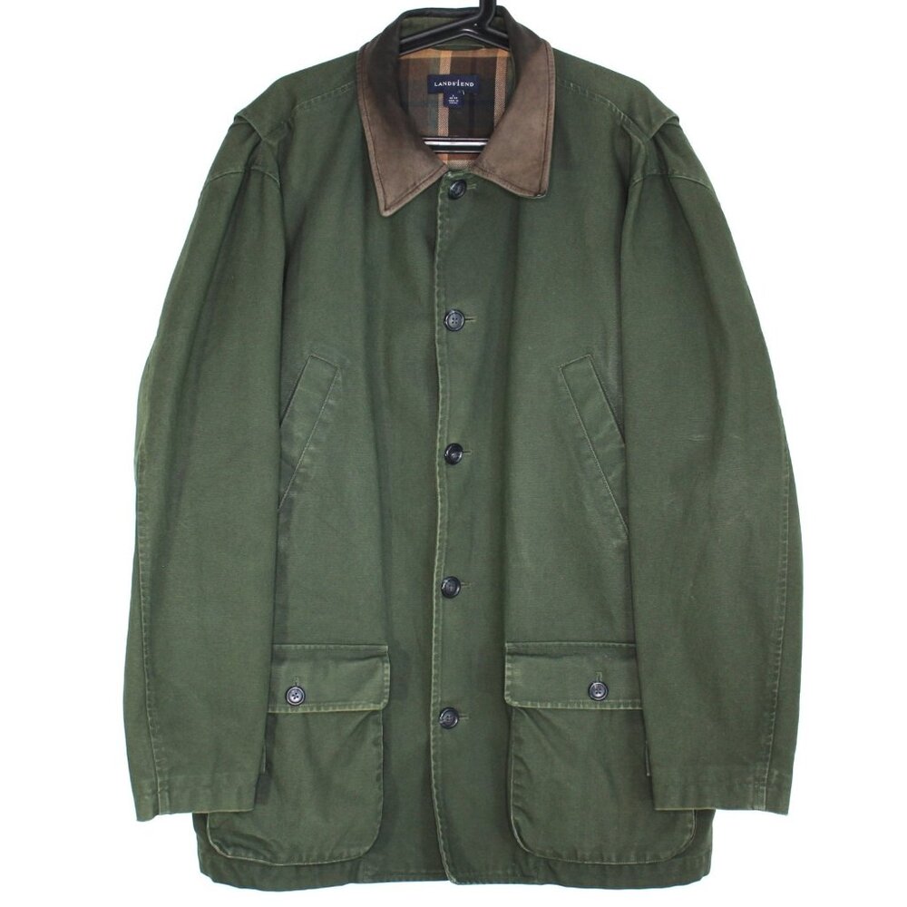 Lands End Mens Large Green Plaid Lined Canvas Barn Chore Jacket L577